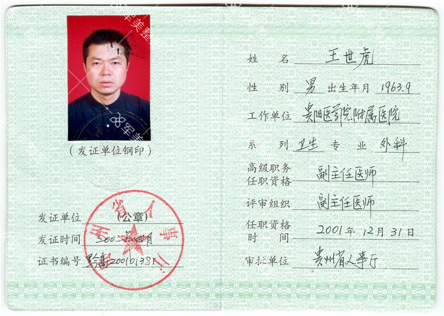 王世虎副主任医师证书